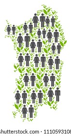 People population and environment Italian Sardinia Island map. Vector concept of Italian Sardinia Island map designed of randomized people and blossom elements in different sizes.