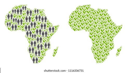 People population and flora plants Africa map. Vector abstraction of Africa map constructed of randomized man and woman and agriculture items in various sizes.