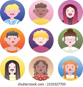 People portrait avatar big bundle set. User pic icons, different human faces, men and women characters. Flat vector illustration, gradients, isolated on white background.