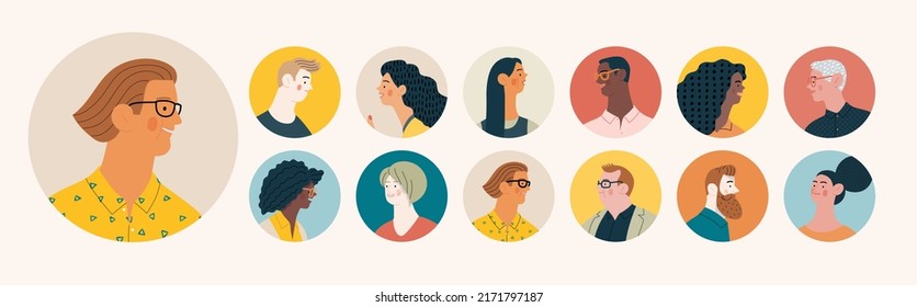 Retrato de la gente -Avatares, Conversación- Moderna ilustración de concepto de vector plano de personas que hablan, retrato facial, avatar de usuario redondo. Plantilla de página web de aterrizaje creativo, conversación y discusión