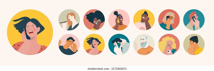 People portrait - Avatars, Talking on the phone -Modern flat vector concept illustration of talking on the phone people, face portraits, round user avatars. Creative landing web page template