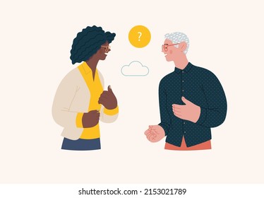 Retrato de la gente - Conversación - Moderna ilustración de concepto de vector plano de personas que hablan, retrato de media longitud, avatar del usuario. Ilustración creativa de la página web de aterrizaje, conversación y discusión