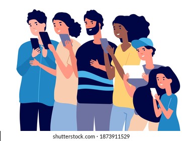 People portrait with gadgets. Diverse adults kids teenager use smartphones and tablets. Happy crowd call phone, chatting or watch on screen, isolated different characters vector concept