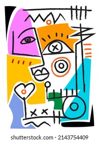 People portrait in modern abstract , decorative, ethnic, primitive style vector illustration.