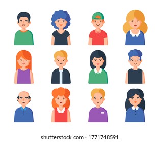 People portrait set of avatar vector illustration. Young, adult happy man and woman user
