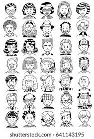 People Portrait Set. Collection of Various Men and Women Faces. Hand Drawn Line Art Cartoon Vector illustration.
