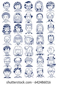 People Portrait Set. Collection of Various Men and Women Faces. Hand Drawn Line Art Cartoon Vector illustration.