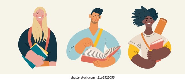 People portrait - Students -Modern flat vector concept illustration of a young male and female students, half-length portrait, user avatar. Creative landing web page illustartion
