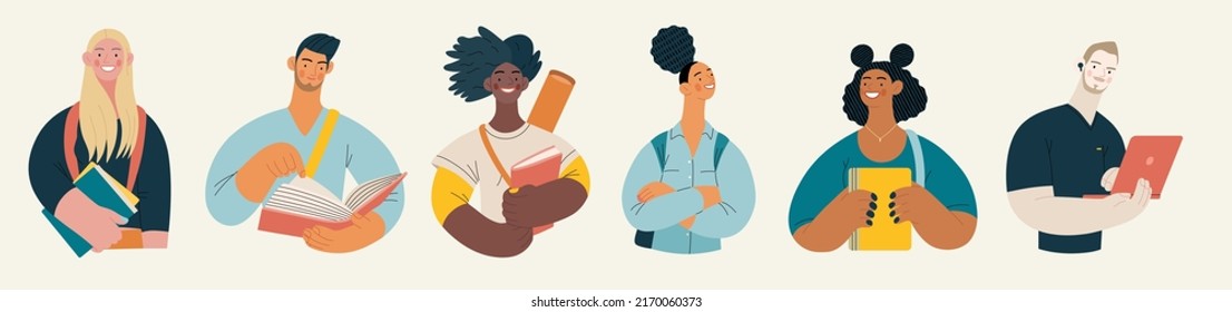 People portrait - Students -Modern flat vector concept illustration of a young male and female students, half-length portrait, user avatar. Creative landing web page template