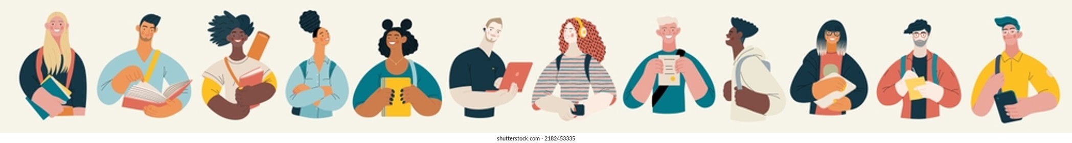 People portrait - Students -Modern flat vector concept illustration of a young male and female students, half-length portrait, user avatar. Creative landing web page template