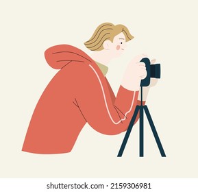 People portrait - Taking photos -Modern flat vector concept illustration of a young man taking photo with a camera, half-length portrait, user avatar. Creative landing web page illustartion