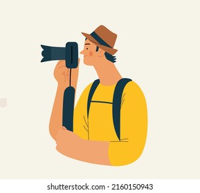 People portrait - Taking photos -Modern flat vector concept illustration of a young man taking photo with a camera, half-length portrait, user avatar. Creative landing web page illustartion