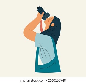 People portrait - Taking photos -Modern flat vector concept illustration of a young woman taking photo with a camera, half-length portrait, user avatar. Creative landing web page illustartion