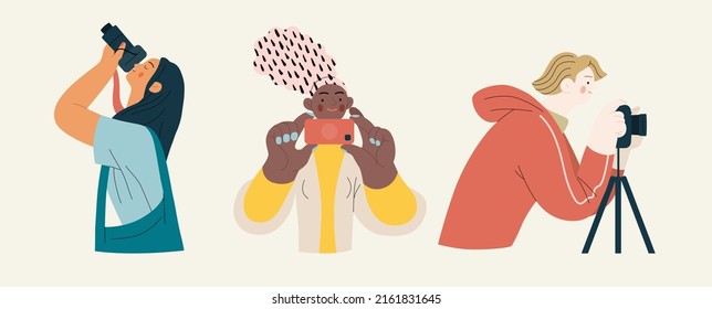 People portrait - Taking photos -Modern flat vector concept illustration of a people taking photo with a phone or camera, half-length portrait, user avatar. Creative landing web page illustartion svg