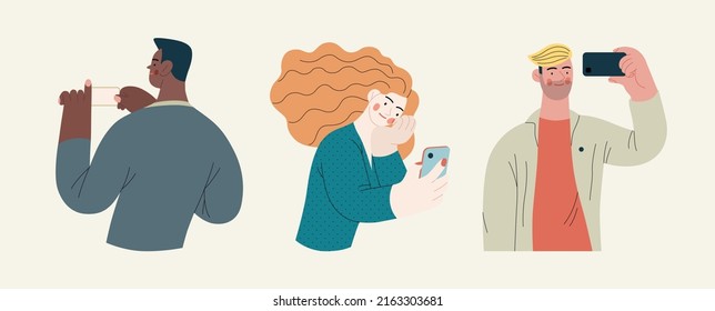 Retrato de la gente - Tomar fotos - Moderna ilustración de concepto de vector plano de personas tomando foto con un teléfono o cámara, retrato de media longitud, avatar del usuario. Ilustración creativa de la página web de aterrizaje