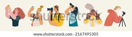 People portrait - Taking photos -Modern flat vector concept illustration of a people taking photo with a phone or camera, half-length portrait, user avatar. Creative landing web page template