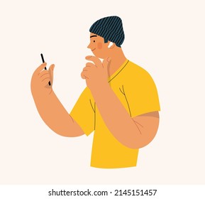 Retrato de la gente - Hablando por teléfono - Moderna ilustración del concepto de vector plano de un joven hablando por teléfono, retrato de media longitud, avatar del usuario. Ilustración creativa de la página web de aterrizaje