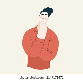 People portrait - Thinking people -Modern flat vector concept illustration of a young man thinking about something, half-length portrait, user avatar. Creative landing web page illustartion