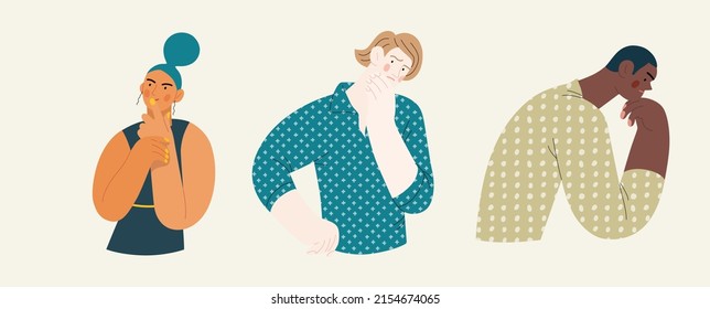 People portrait - Thinking people set-Modern flat vector concept illustration of a young people thinking about something, half-length portrait, user avatar. Creative landing web page illustartion