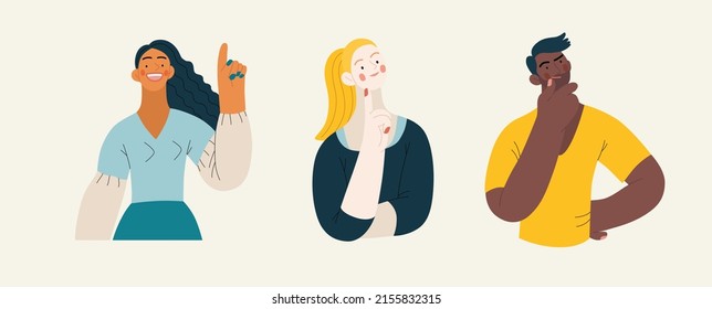 People portrait - Thinking people set-Modern flat vector concept illustration of a young people thinking about something, half-length portrait, user avatar. Creative landing web page illustartion