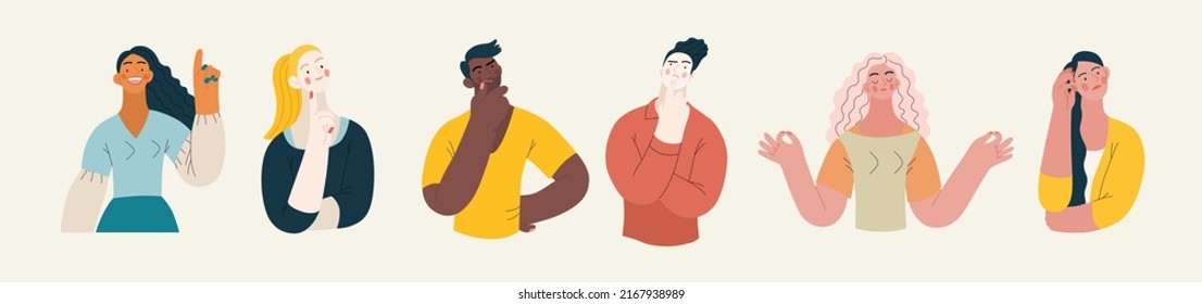 People portrait - Thinking people set-Modern flat vector concept illustration of a young people thinking about something, half-length portrait, user avatar. Creative landing web page template