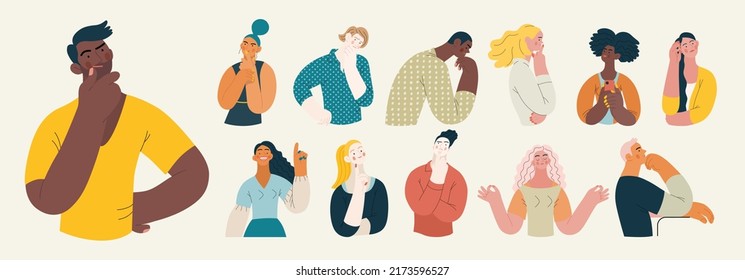 People portrait - Thinking people set-Modern flat vector concept illustration of a young people thinking about something, half-length portrait, user avatar. Creative landing web page template