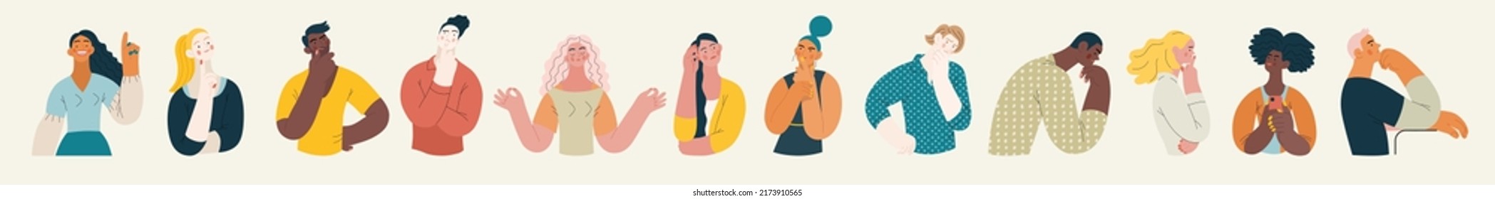 People portrait - Thinking people set-Modern flat vector concept illustration of a young people thinking about something, half-length portrait, user avatar. Creative landing web page template