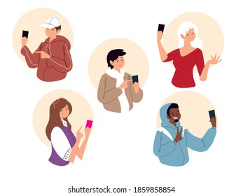 people portrait using smartphone chatting, messaging and calling vector illustration