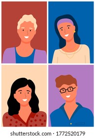 People portrait view in flat style, vector man and woman cartoon characters. Smiling female and male, happy coworkers or online consultants profiles
