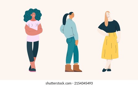 Retrato de la gente - Retratos de mujeres - Concepto moderno de vector plano ilustrativo de mujeres de pie, avatares de usuarios, retratos de largo alcance Ilustración sobre protesta de feminismo, poder de las niñas, diversidad étnica