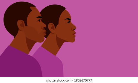 People portrait - young woman and man are looking in the same direction. Modern people faces and shoulders. Couple from Latin America or Brazil. Flat style vector with copy space. Purple background