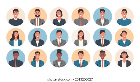 People portraits of businessmen and businesswomen, men and women face avatars isolated at round icons set, flat vector illustration