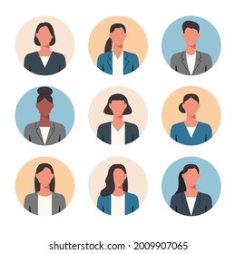 People portraits of businesswomen, male faces avatars isolated at round icons set, flat vector illustration