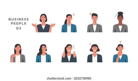 People portraits of businesswomen with negative emotion, female faces avatars isolated icons set, flat vector design illustration