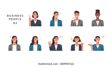 People portraits of businesswomen with positive emotion, female faces avatars isolated icons set, flat vector design illustration