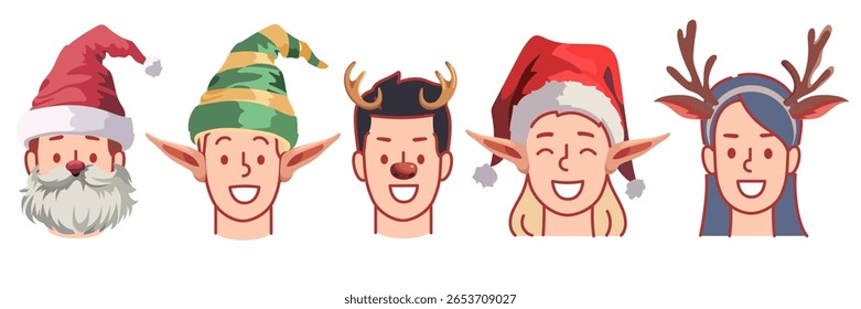 Pessoas retratos em chapéus de Natal. Rostos sorridentes, homens e mulheres felizes, clima de férias, acessórios engraçados da cabine de fotos, tempo da festa, Papai Noel e traje de veado conjunto de vetor isolado