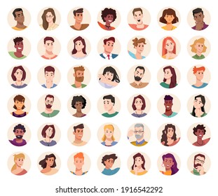 People portraits and emotional faces icons set. Vector group of men and women. Diversity of personages, multiethnic society. Cartoon characters expressing emotions laughter and joy, smile, calmness