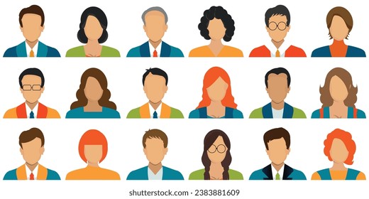 People portraits of faceless males and females, men and women face avatars isolated on white background, flat vector illustration.