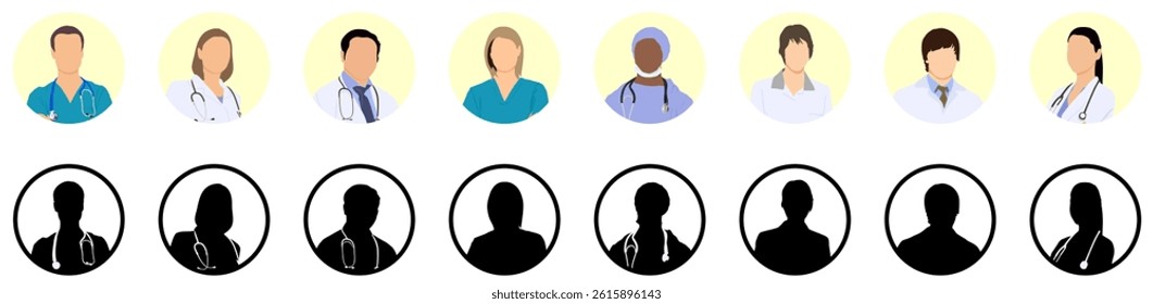 People portraits of faceless males, females doctor and nurse, men and women face avatars isolated at round icons set, flat vector illustration