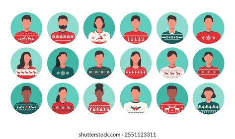 People portraits of faceless men and women in Christmas sweater pattern, face avatars isolated at round icons set, flat vector illustration design