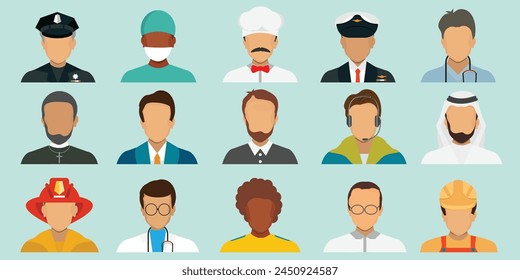 People portraits of faceless profession male icons set, doctor,soldier, police, women face avatars vector illustration.