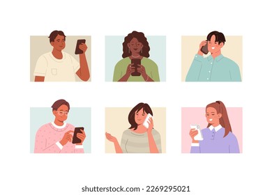 People portraits illustration set. Characters holding smartphones, typing or chatting, watching video and browsing in social media. Mobile app user concept. Vector illustration.