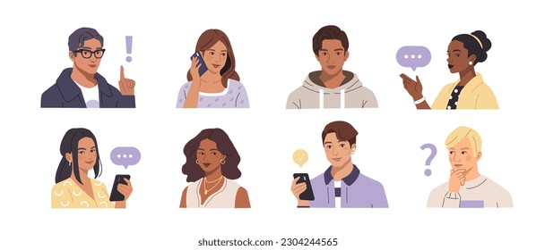 People portraits illustration set. Young female and male faces. Diverse modern characters wearing casual stylish clothes, accessories and holding smartphones. Vector illustration.