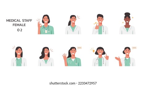 People portraits of medical staffs with positive emotion isolated set, female faces avatars, flat vector illustration