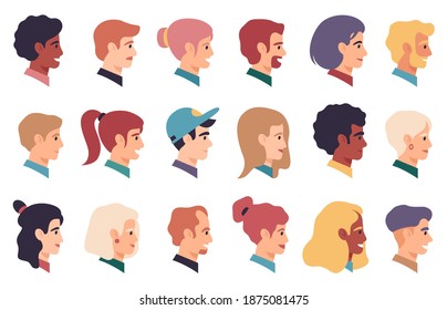 People Portraits. Men, Women Multiracial Profile Faces, Male And Female Face Characters. Human Avatars Vector Illustration Set. Character Profile Female And Male People