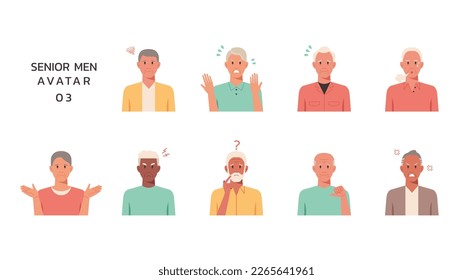 People portraits of older men with negative emotion isolated set, senior male faces avatars, flat vector illustration	