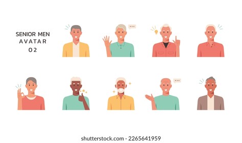 People portraits of older men with positive emotion isolated set, senior male faces avatars, flat vector illustration	