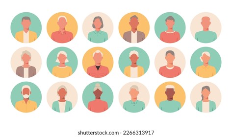 People portraits of older men and women, senior men and women faceless avatars in round isolated icon set, flat vector illustration