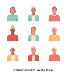 People portraits of older women, female faces avatar isolated icons set, flat vector design style illustration	