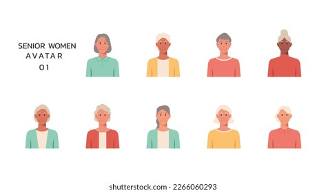 People portraits of older women isolated set, senior female faces avatars, flat vector illustration